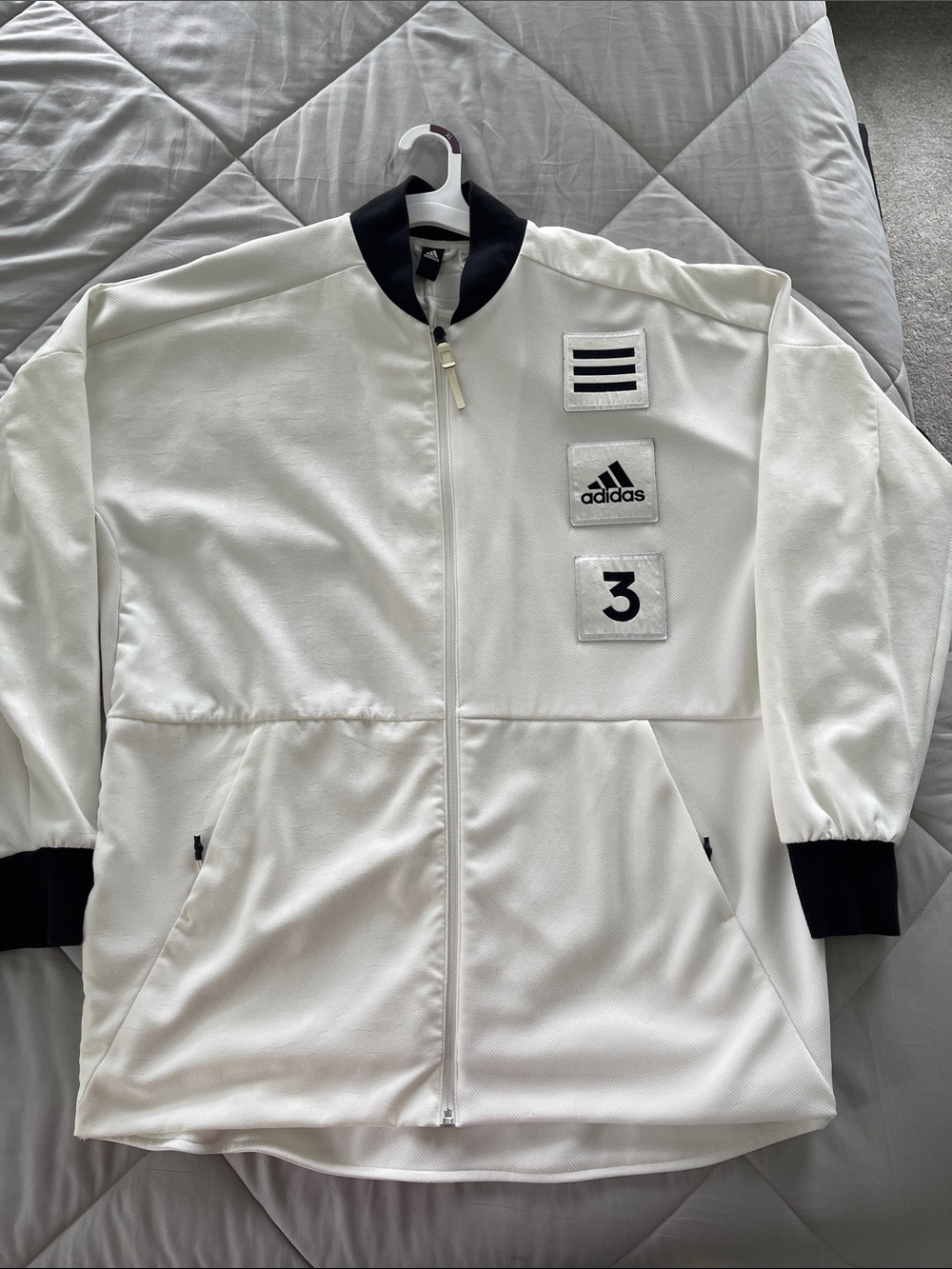 adidas Three Stripe Life White Bomber Jacket with Black Trim and Patch Details